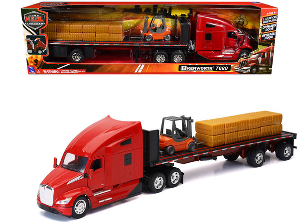Kenworth T680 Truck Red and Flatbed Trailer with Forklift and Hay Load "Long Haul Trucker" Series 1/32 Diecast Model by New Ray