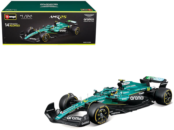 Aston Martin AMR25 #14 Fernando Alonso "Aramco" Formula One F1 "World Championship" (2025) 1/24 Diecast Model Car by Bburago