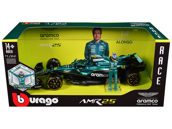 Aston Martin AMR25 #14 Fernando Alonso "Aramco" Formula One F1 "World Championship" (2025) with Driver Figure 1/24 Diecast Model Car by Bburago
