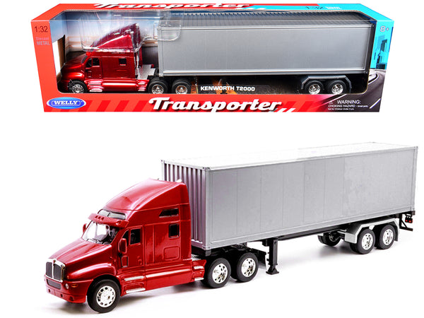 Kenworth T2000 Truck Red Metallic with Gray Container "Transporter" Series 1/32 Diecast Model by Welly