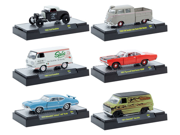 "Auto Meets" Set of 6 Cars IN DISPLAY CASES Release 91 Limited Edition 1/64 Diecast Model Cars by M2 Machines