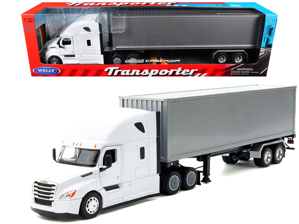 Freightliner Cascadia Truck White with Gray Container "Transporter" Series 1/32 Diecast Model by Welly