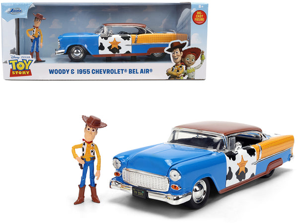 1955 Chevrolet Bel Air Blue with Graphics and Woody Diecast Figure "Toy Story" Franchise "Hollywood Rides" Series 1/24 Diecast Model Car by Jada