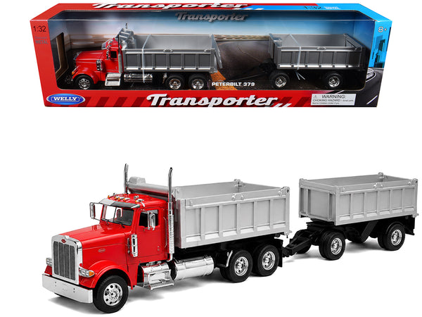 Peterbilt 379 Dump Truck Red with Gray Double Dump Trailer "Transporter" Series 1/32 Diecast Model by Welly