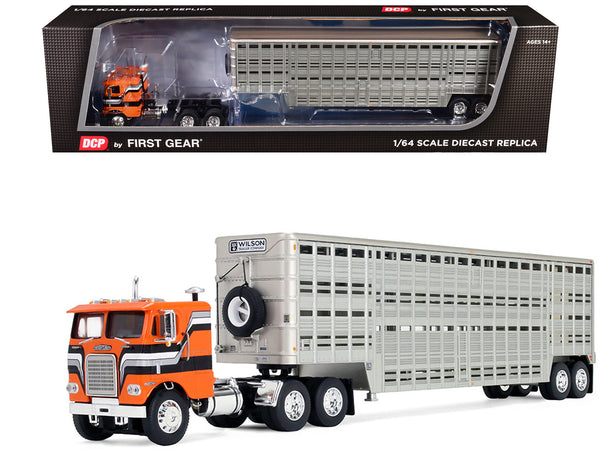 Freightliner COE and 45' Wilson Vintage Livestock Trailer Orange with Stripes 1/64 Diecast Model by DCP/First Gear