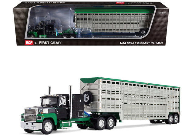 Ford LTL 9000 with 60" Flat Top Sleeper and 45' Wilson Vintage Livestock Trailer Black and Green 1/64 Diecast Model by DCP/First Gear