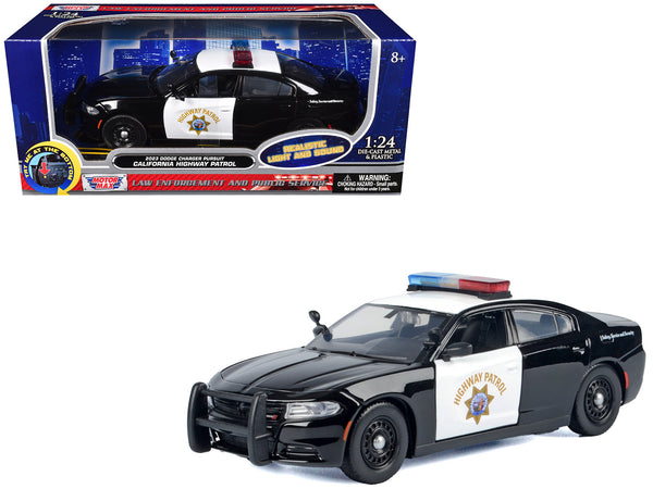 2023 Dodge Charger Pursuit Police Car "California Highway Patrol (CHP)" Black and White with Flashing Light Bar and Front and Rear Lights and Sounds 1/24 Diecast Model Car by Motormax