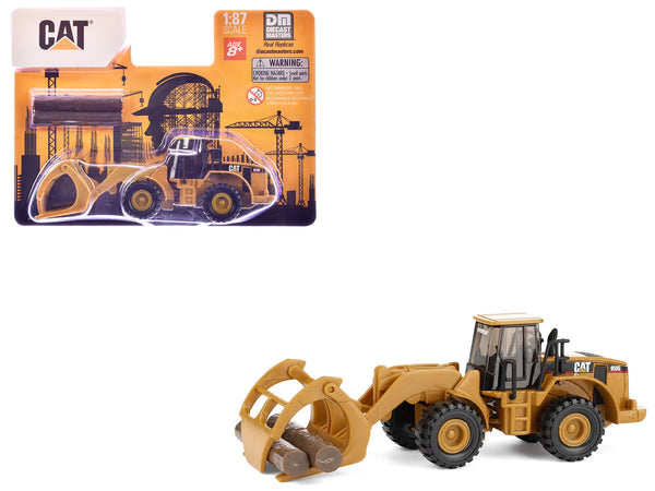CAT Caterpillar 950G Wheel Loader Yellow with Log Fork and Wood Log Accessories 1/87 (HO) Diecast Model by Diecast Masters