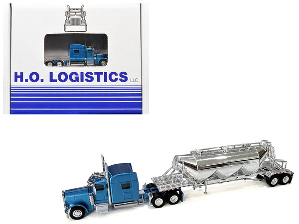 Peterbilt 389 Truck Tractor with Sleeper Cab Blue Metallic and Pneumatic Tank Trailer Chrome Combo Set 1/87 (HO) Plastic Model Car by HO Logistics