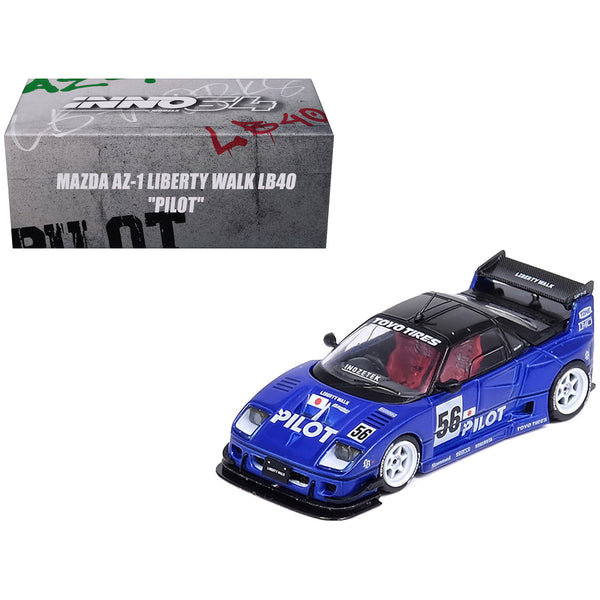 Mazda AZ-1 Liberty Walk LB40 RHD (Right Hand Drive) #56 "Pilot" Blue with Black Top 1/64 Diecast Model Car by Inno Models