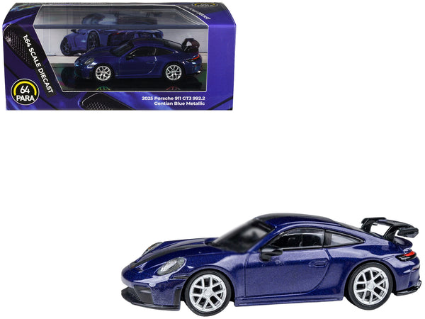 2025 Porsche 911 GT3 (992.2) Gentian Blue Metallic with Carbon Stripe 1/64 Diecast Model Car by Paragon Models