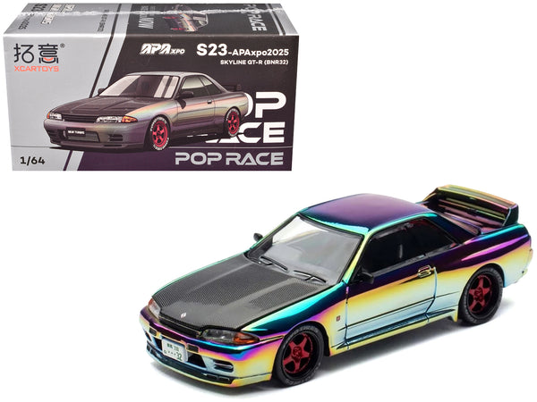 Skyline GT-R (BNR32) RHD (Right Hand Drive) Chameleon Chrome with Carbon Hood "APA XPO 2025 Exclusive 1/64 Diecast Model Car by Pop Race