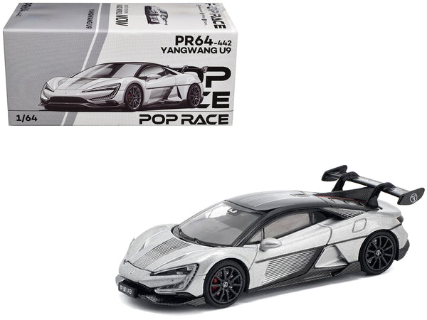 Yangwang U9 Silver Metallic with Black Top and Stripes 1/64 Diecast Model Car by Pop Race