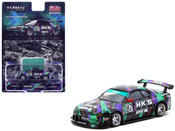 Nissan Skyline (R32) Widebody RHD (Right Hand Drive) #87 "HKS - Designed by Jon Sibal" Black with Graphics with Tarmac Cards "Global64" Series 1/64 Diecast Model Car by Tarmac Works
