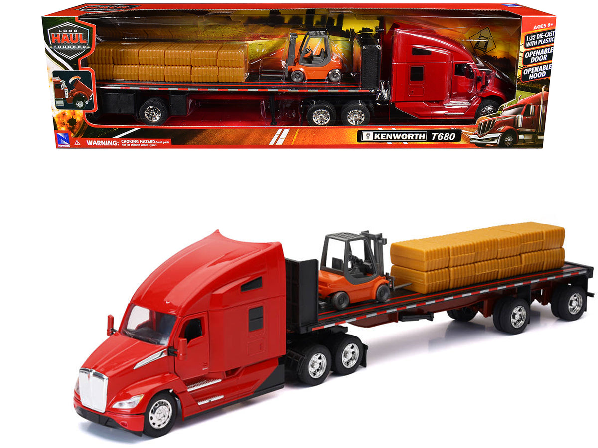 Kenworth T680 Truck Red and Flatbed Trailer with Forklift and Hay Load "Long Haul Trucker" Series 1/32 Diecast Model by New Ray