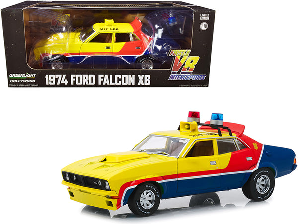 1974 Ford Falcon XB 4-Door Sedan RHD (Right Hand Drive) Yellow and Blue with Red Stripes "MFP 508" "First of the V8 Interceptors" (1979) Movie 1/18 Diecast Model Car by Greenlight