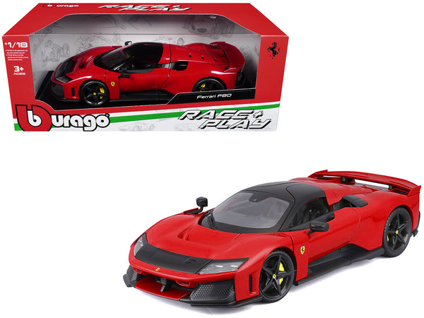 Ferrari F80 Red with Black Top "Race + Play" Series 1/18 Diecast Model Car by Bburago