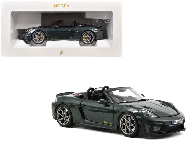 2023 Porsche 718 Spyder RS Weissach Pack Forest Green Metallic with Carbon Hood Stripes 1/18 Diecast Model Car by Norev