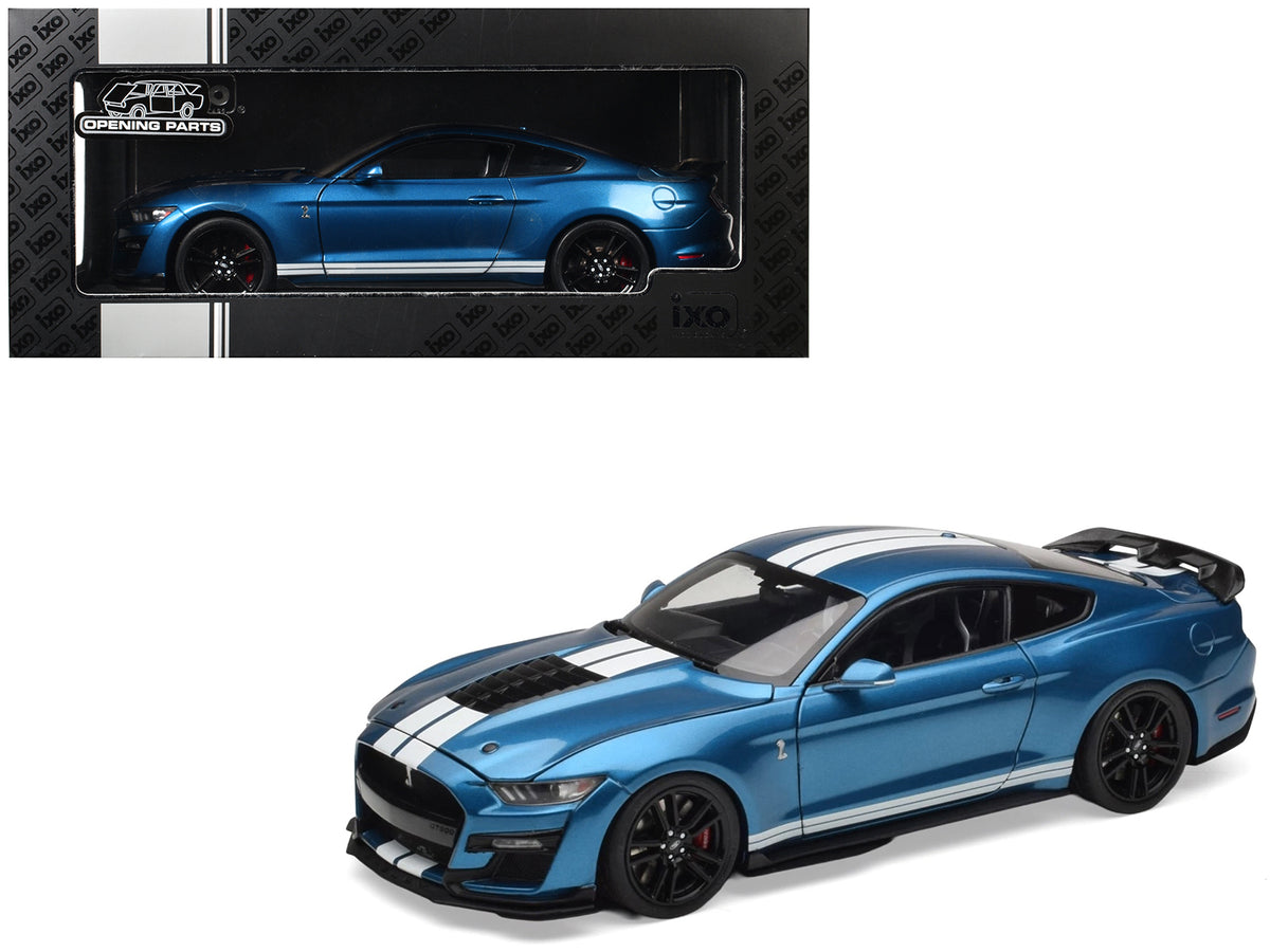 2022 Ford Mustang Shelby GT500 Blue Metallic with White Stripes 1/18 Diecast Model Car by IXO Models