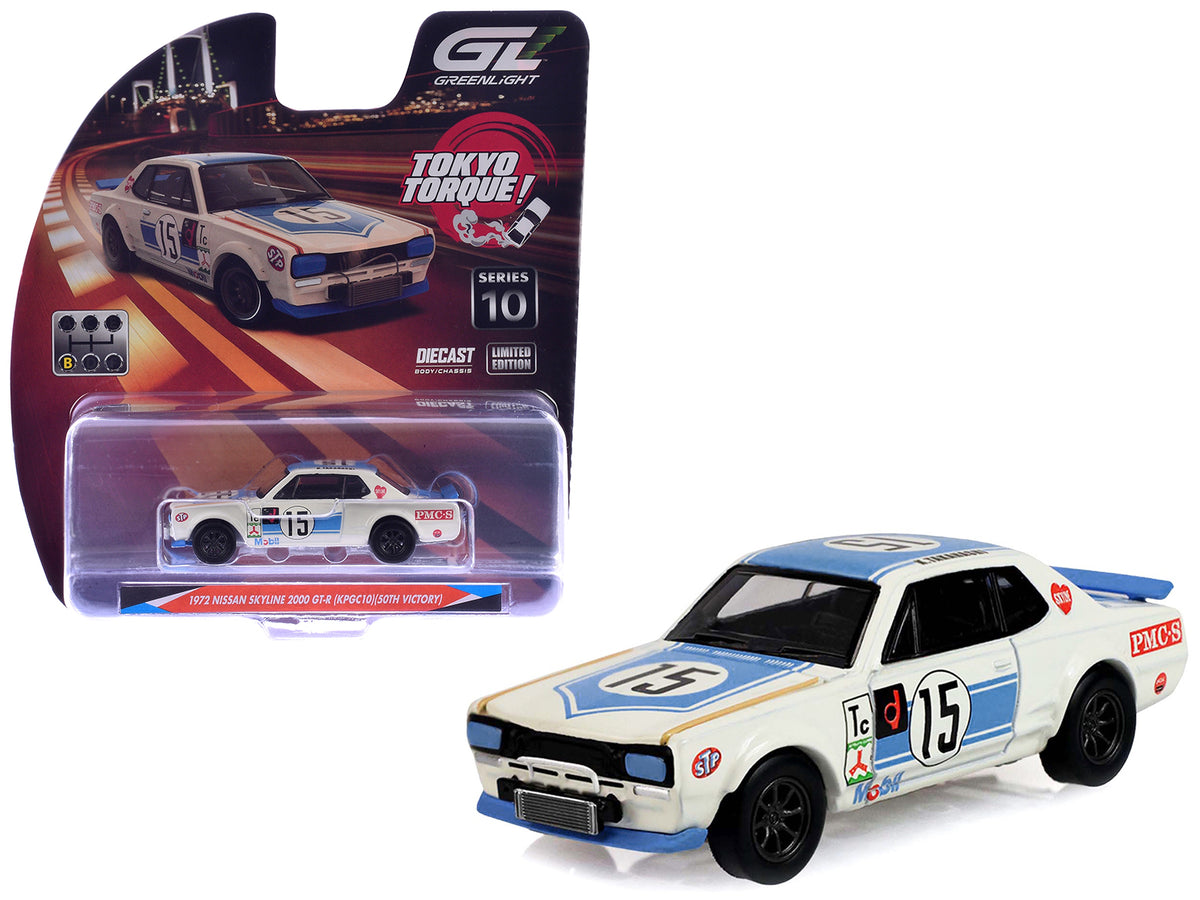 1972 Nissan Skyline 2000 GT-R (KPGC10) RHD (Right Hand Drive) #15 Kunimitsu Takahashi "50th Victory" White with Blue Stripe "Tokyo Torque" Series 10 1/64 Diecast Model Car by Greenlight