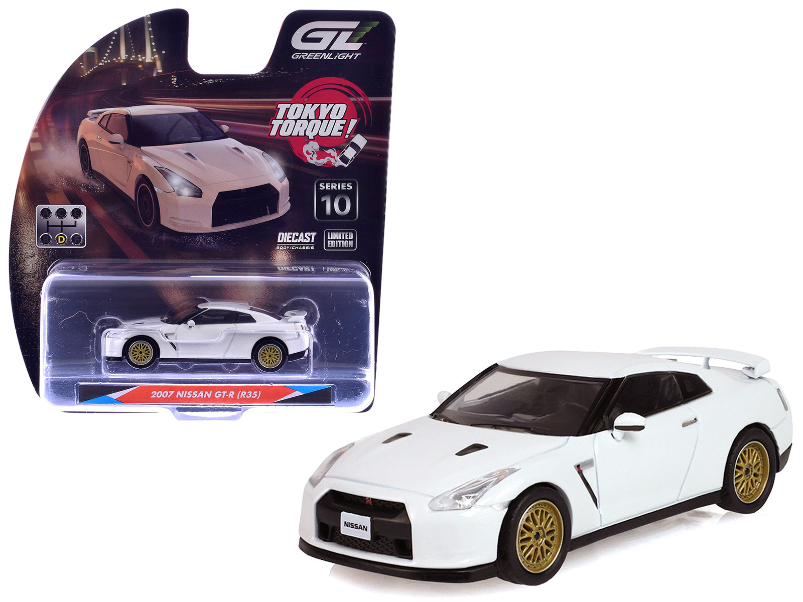 2007 Nissan GT-R (R35) Pearl White with Gold Wheels "Tokyo Torque" Series 10 1/64 Diecast Model Car by Greenlight