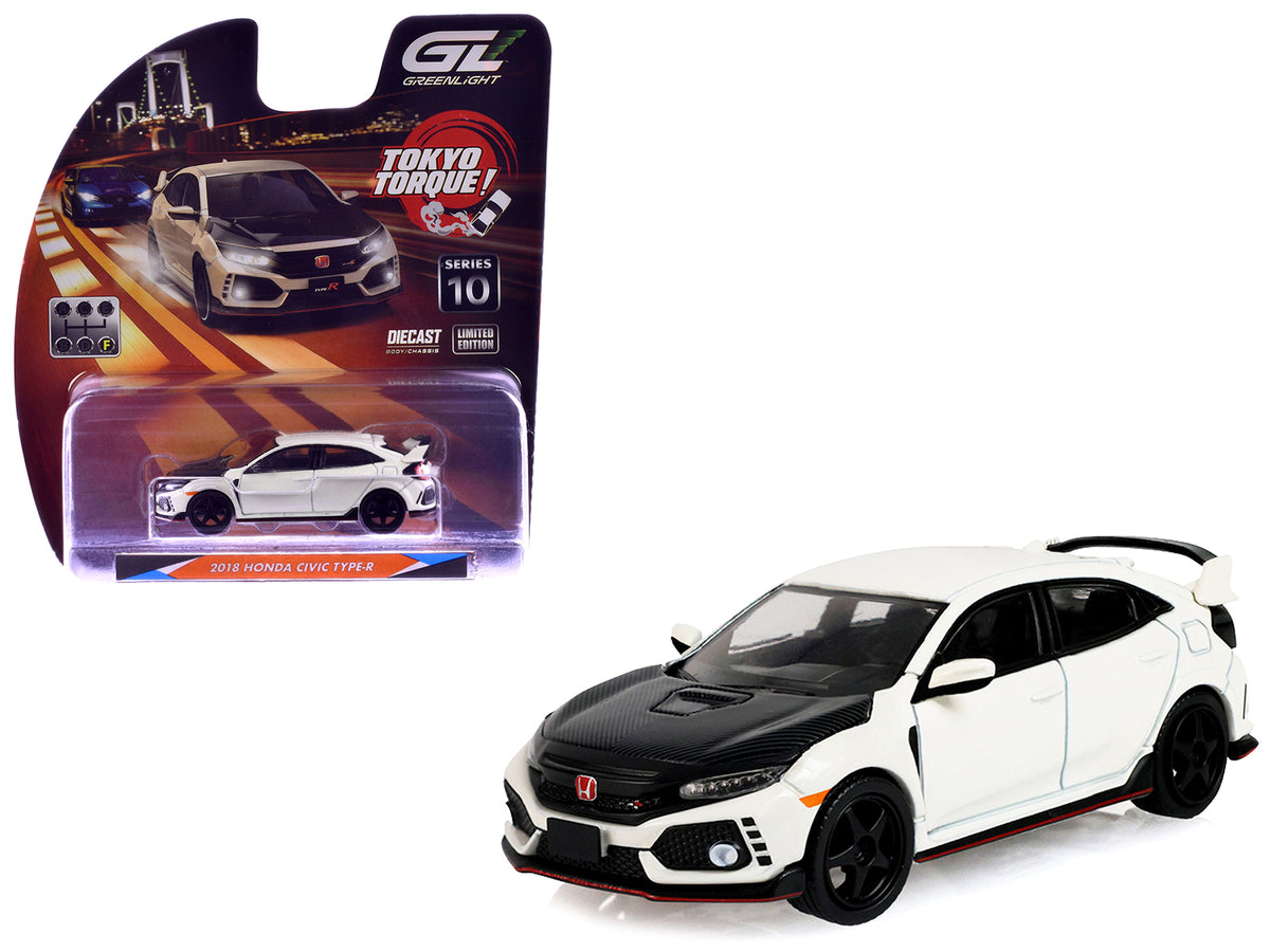 2018 Honda Civic Type-R (FK8) RHD (Right Hand Drive) Championship White with Carbon Hood "Tokyo Torque" Series 10 1/64 Diecast Model Car by Greenlight