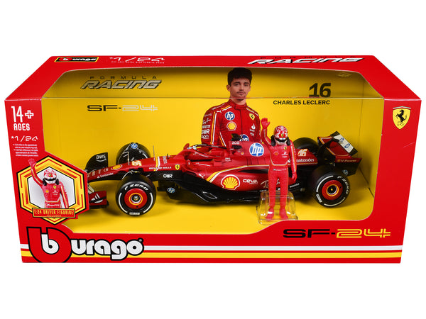 Ferrari SF-24 #16 Charles Leclerc Formula One F1 World Championship (2024) with Driver Figure "Formula Racing" 1/24 Diecast Model Car by Bburago