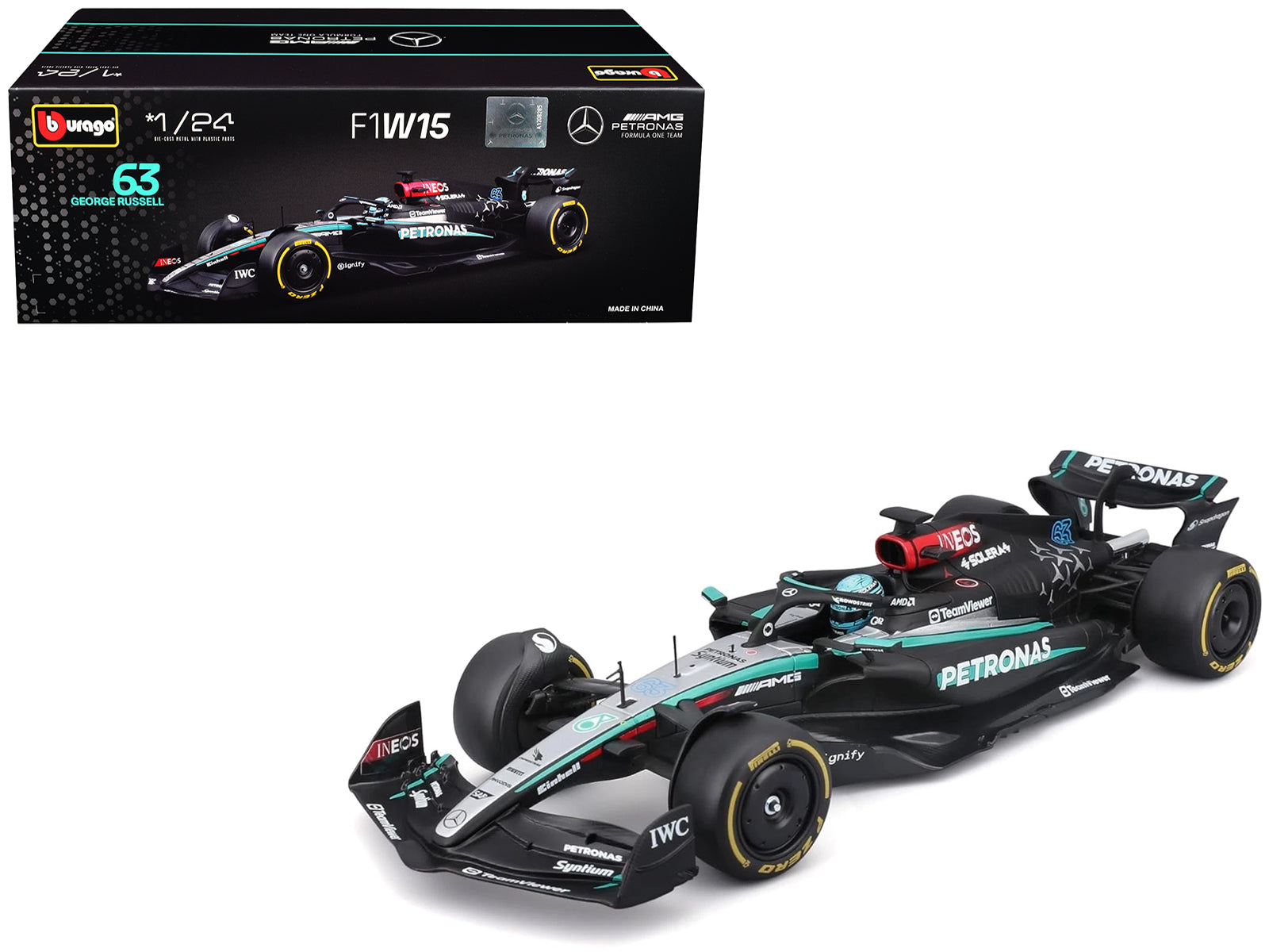 Mercedes-AMG F1 W15 E Performance #63 George Russell "Petronas" Formula One F1 "World Championship" (2024) 1/24 Diecast Model Car by Bburago