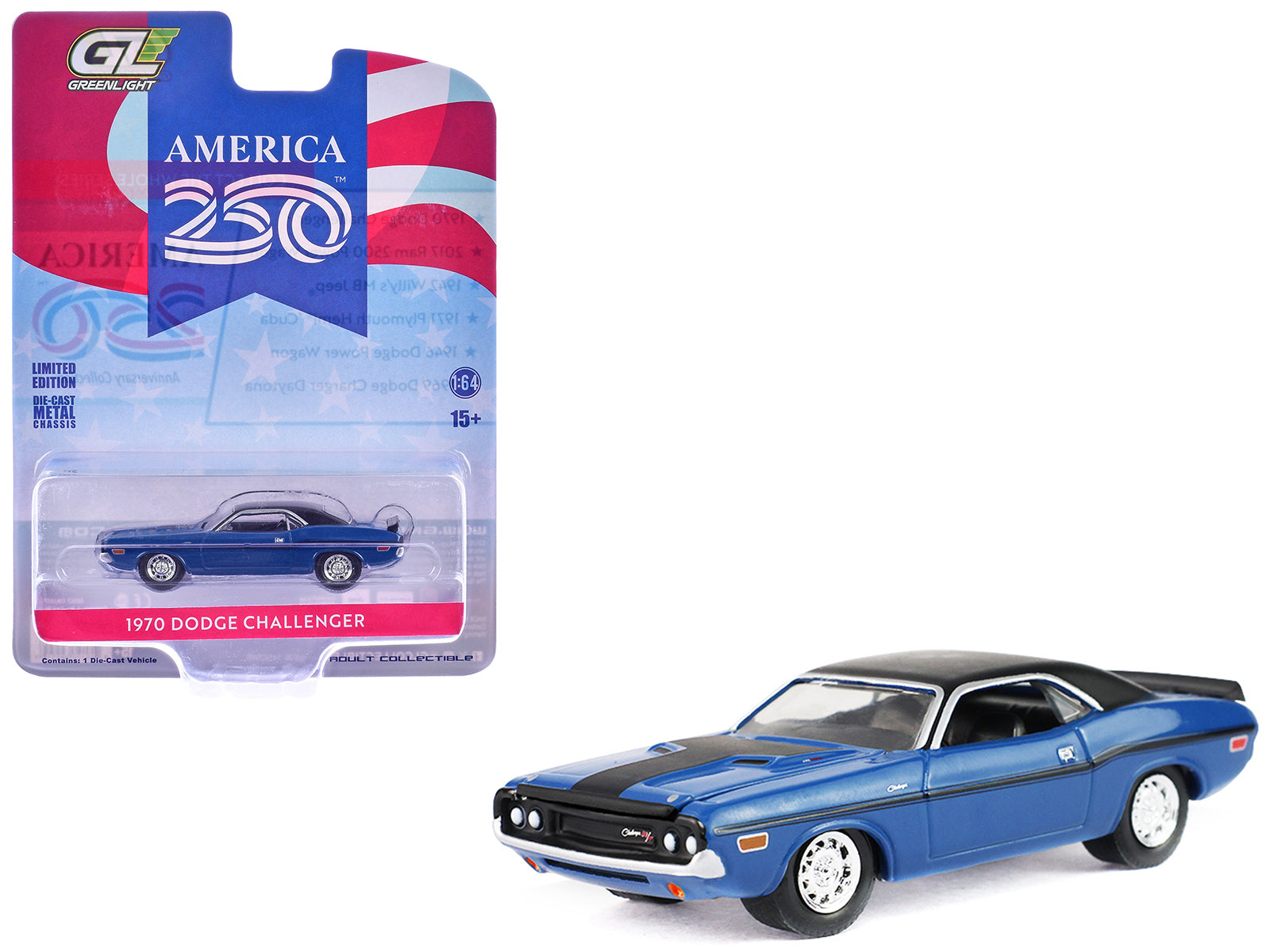 1970 Dodge Challenger Blue with Black Top "America 250 Edition" "Anniversary Collection" Series 18 1/64 Diecast Model Car by Greenlight