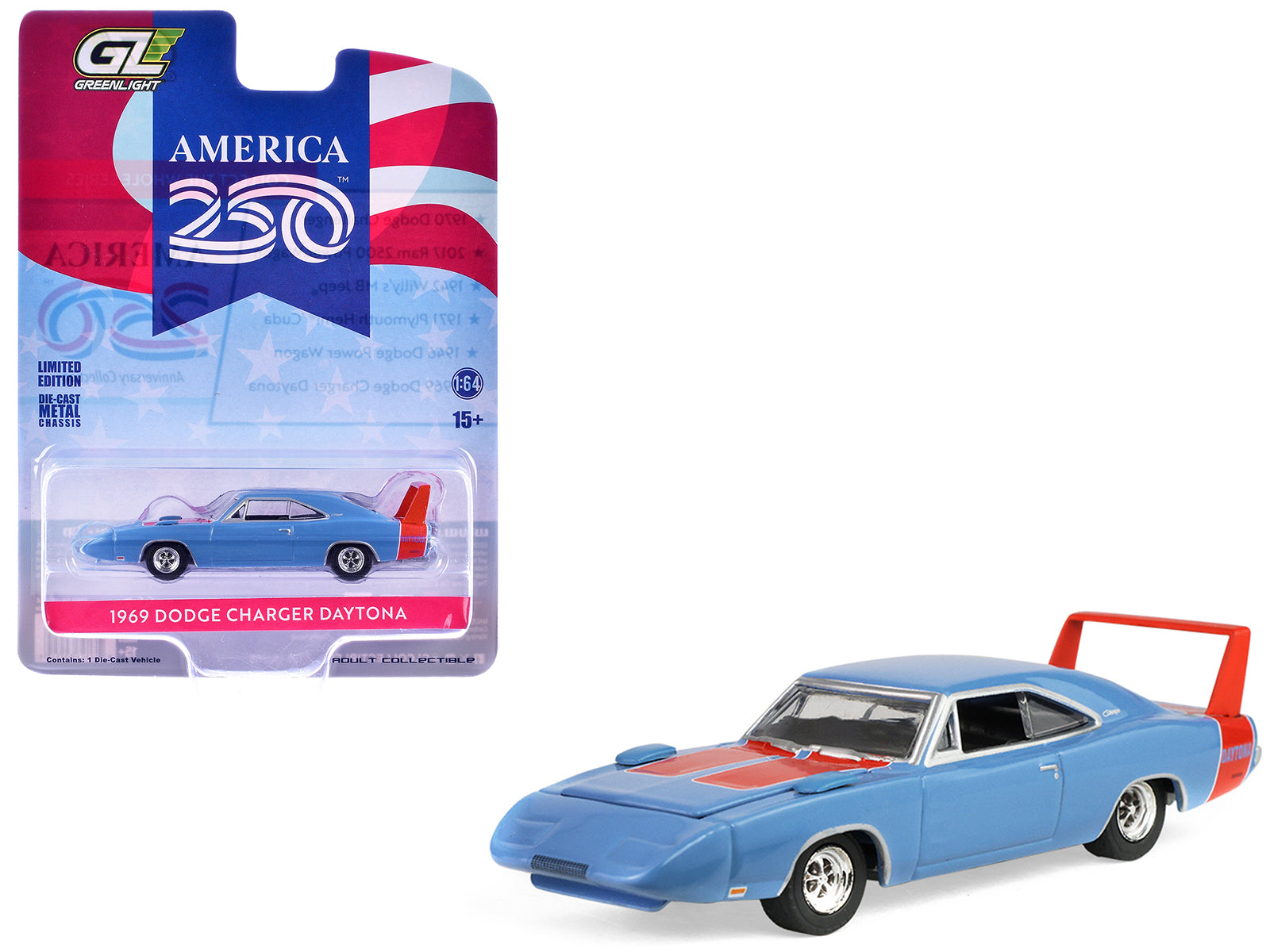 1969 Dodge Charger Daytona Blue with Red Stripes "America 250 Edition" "Anniversary Collection" Series 18 1/64 Diecast Model Car by Greenlight