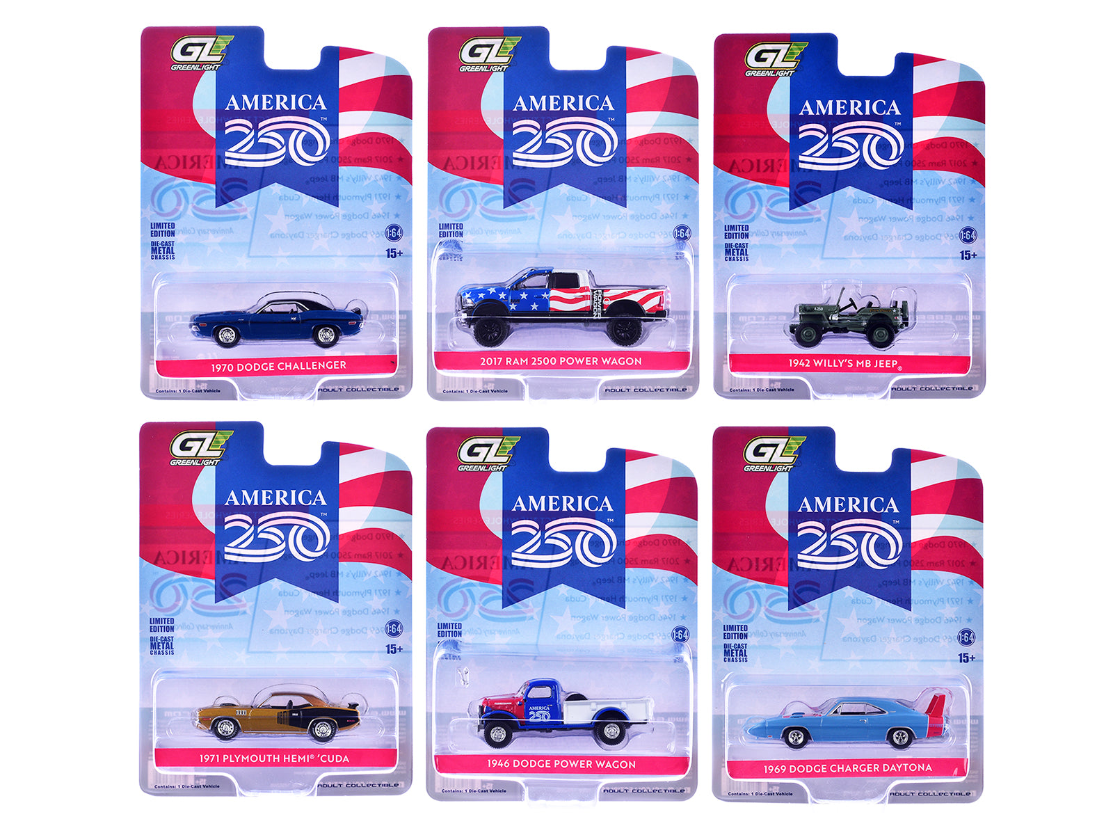 "Anniversary Collection" Series 18 Set of 6 pieces "America 250 Edition" 1/64 Diecast Model Cars by Greenlight