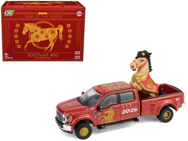 2022 Ford F-450 Dually Pickup Truck "Chinese Zodiac 2026 Year of the Horse" Red with Gold Graphics and Horse Figure "Hobby Exclusive" Series 1/64 Diecast Model Car by Greenlight