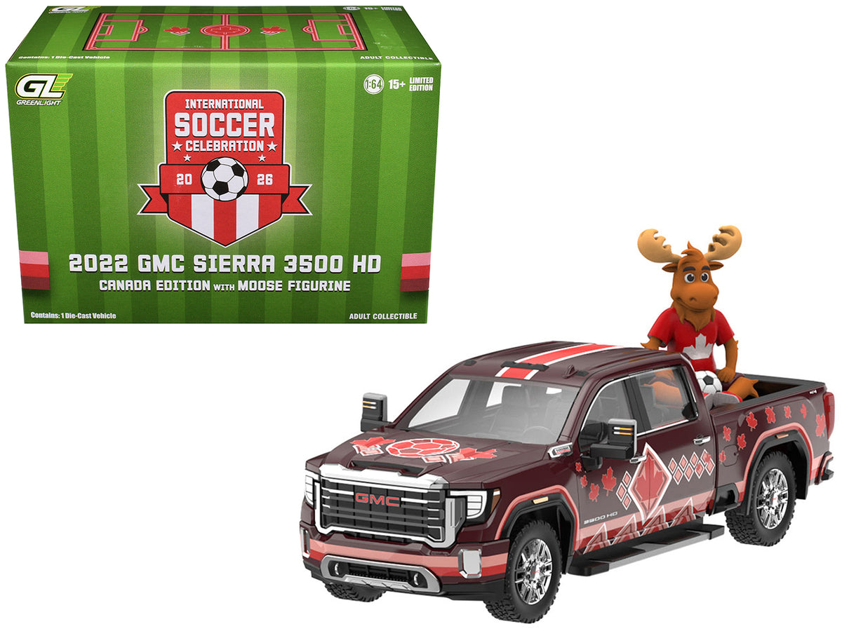 2022 GMC Sierra 3500 HD Pickup Truck Dark Red with Canadian Soccer Graphics with Moose Figure "International Soccer Celebration '26" Series 1/64 Diecast Model Car by Greenlight
