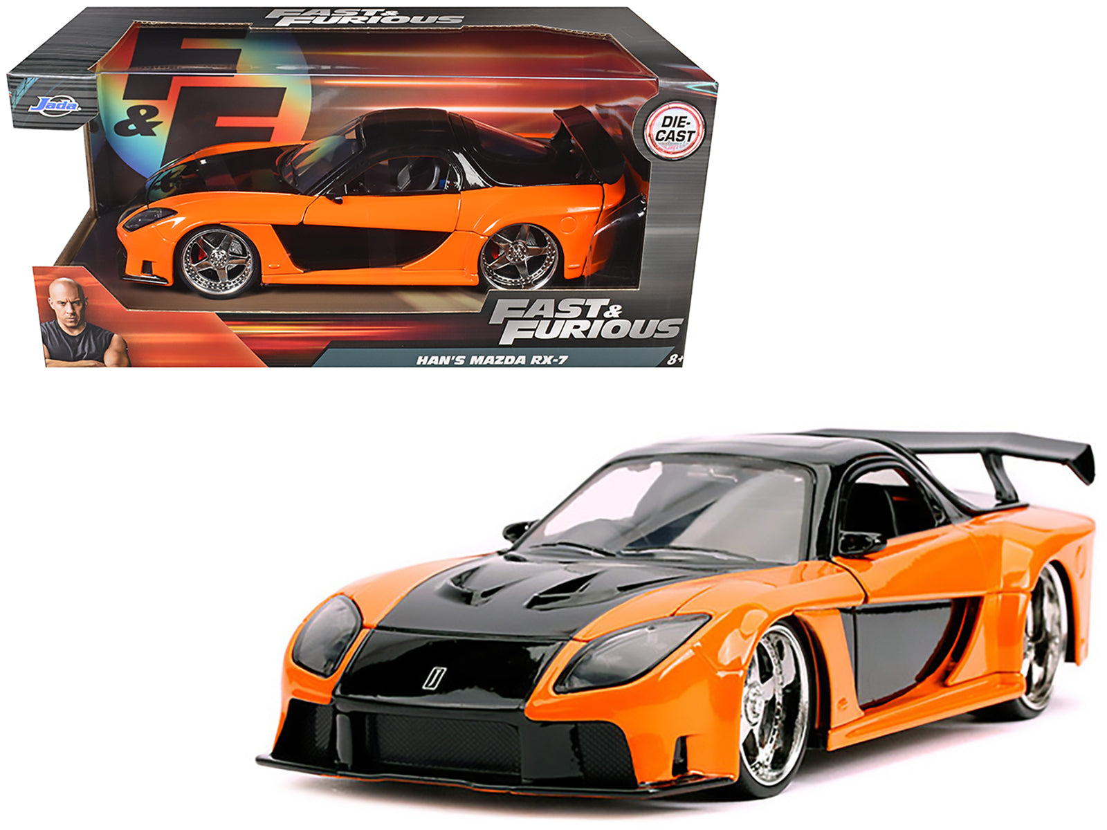 Han's Mazda RX-7 RHD (Right Hand Drive) Orange and Black "Fast & Furious" Movie 1/24 Diecast Model Car by Jada