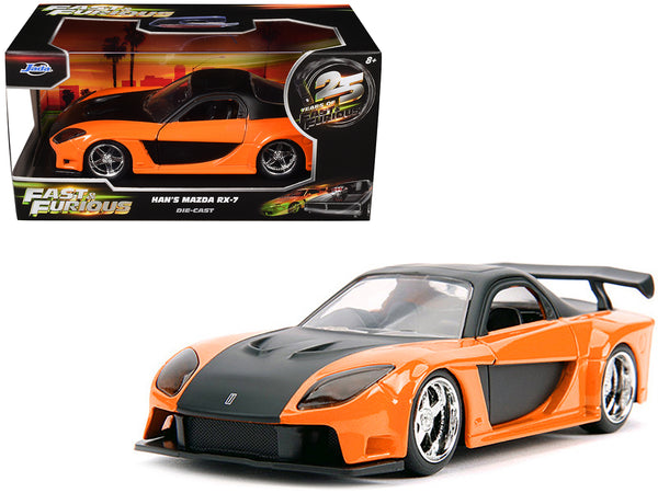 Han's Mazda RX-7 RHD (Right Hand Drive) Orange Metallic and Black "25 Years of Fast & Furious" "The Fast and the Furious: Tokyo Drift" (2006) Movie "Fast & Furious" Series 1/32 Diecast Model Car by Jada