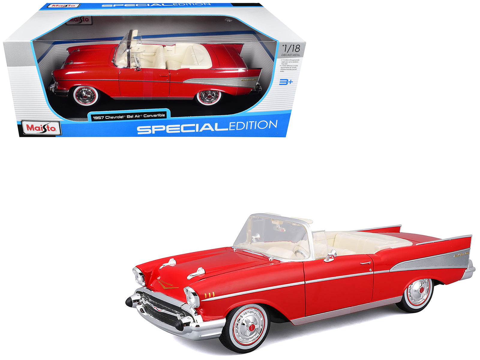 1957 Chevrolet Bel Air Convertible Red with White Interior "Special Edition" Series 1/18 Diecast Model Car by Maisto