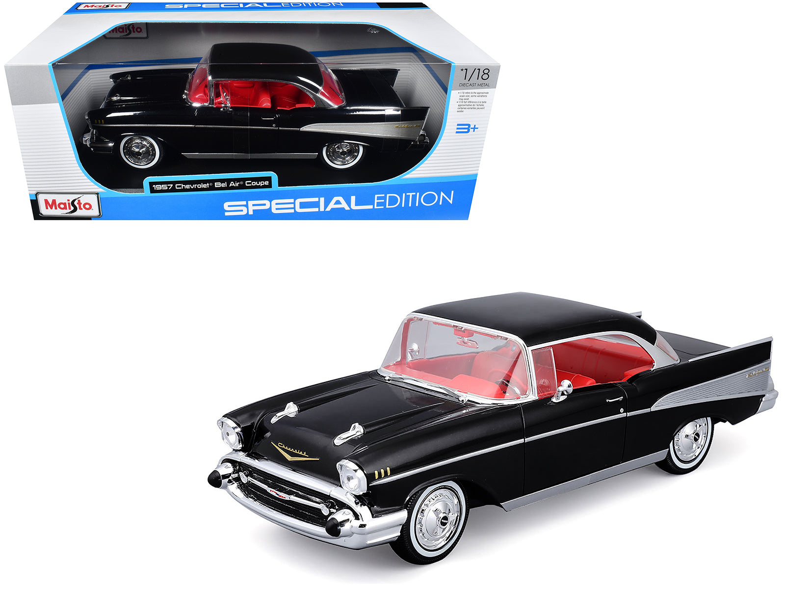 1957 Chevrolet Bel Air Coupe Black with Red Interior "Special Edition" Series 1/18 Diecast Model Car by Maisto