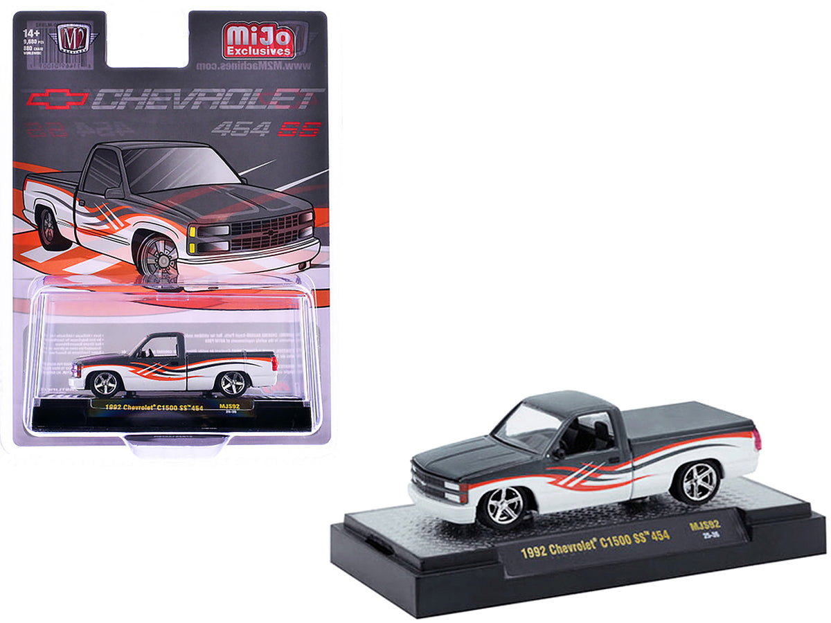 1992 Chevrolet C1500 SS 454 Pickup Truck Gray and White with Graphics Limited Edition to 9680 pieces Worldwide 1/64 Diecast Model Car by M2 Machines