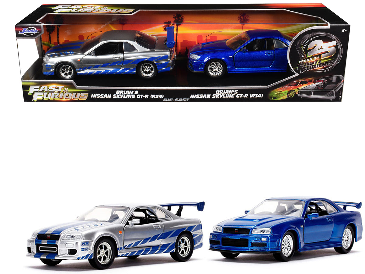 Brian's Nissan Skyline GT-R (BNR34) Silver with Blue Stripes and Nissan GT-R (BNR34) Blue Metallic Set of 2 pieces "25 Years of Fast & Furious" Series 1/32 Diecast Model Cars by Jada