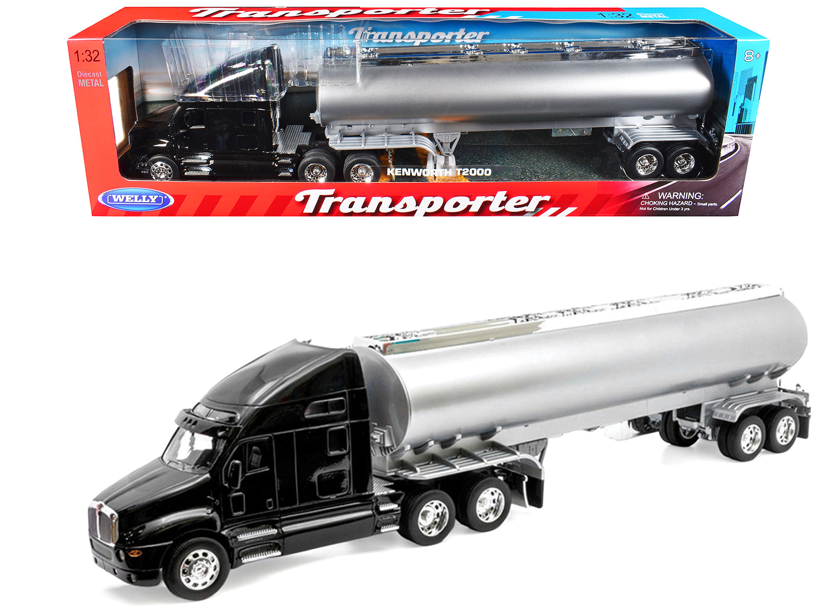 Kenworth T2000 Truck Black with Silver Tanker Trailer "Transporter" Series 1/32 Diecast Model by Welly