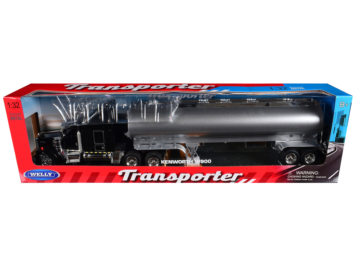 Kenworth W900 Truck Black with Silver Tanker Trailer "Transporter" Series 1/32 Diecast Model by Welly