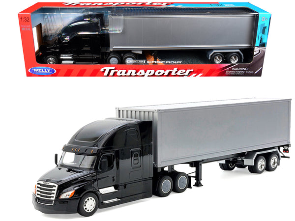 Freightliner Cascadia Truck Black with Silver Container "Transporter" Series 1/32 Diecast Model by Welly