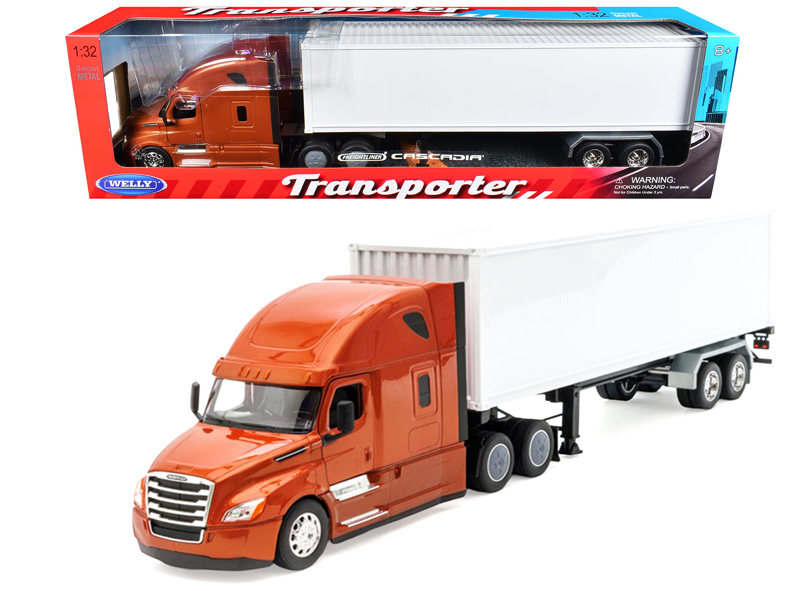 Freightliner Cascadia Truck Bronze Metallic with White Container "Transporter" Series 1/32 Diecast Model by Welly