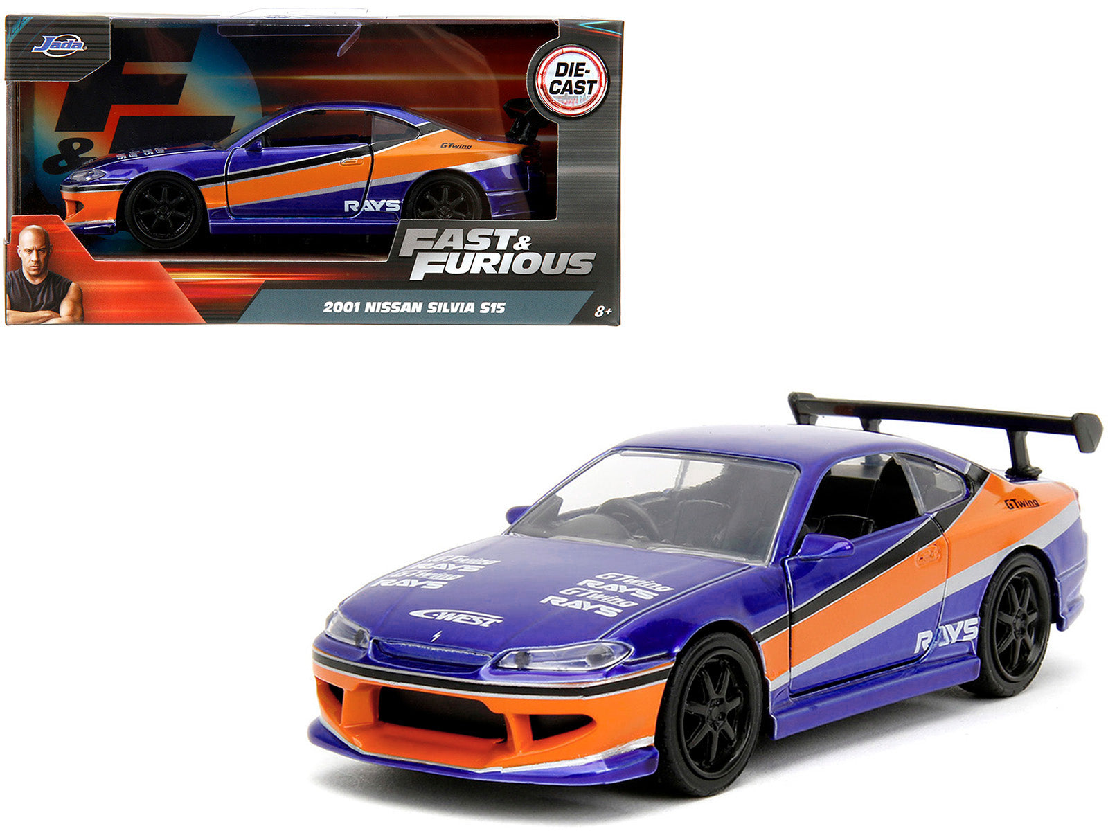 2001 Nissan Silvia S15 RHD (Right Hand Drive) Blue Metallic with Graphics "The Fast and the Furious: Tokyo Drift" (2006) Movie "Fast & Furious" Series 1/32 Diecast Car Model by Jada