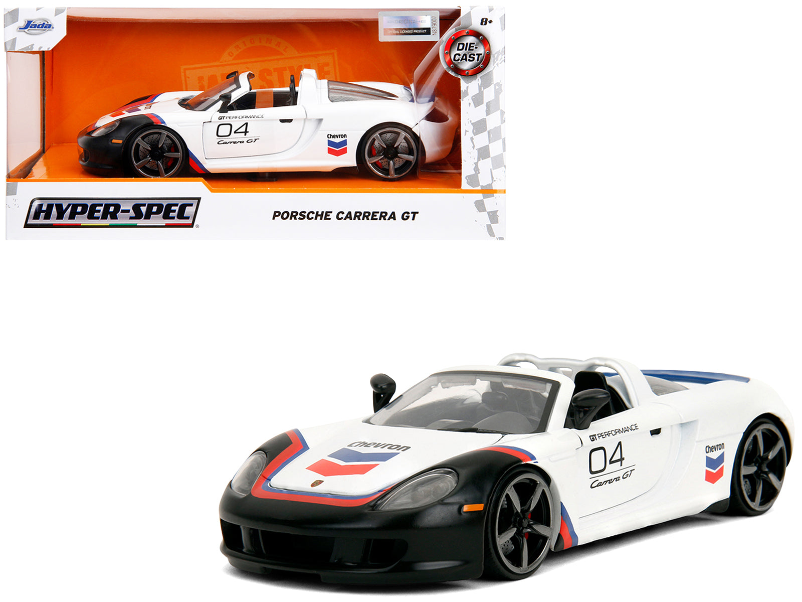 Porsche Carrera GT Convertible #04 "Chevron" White with Graphics "Hyper-Spec" Series 1/24 Diecast Model Car by Jada