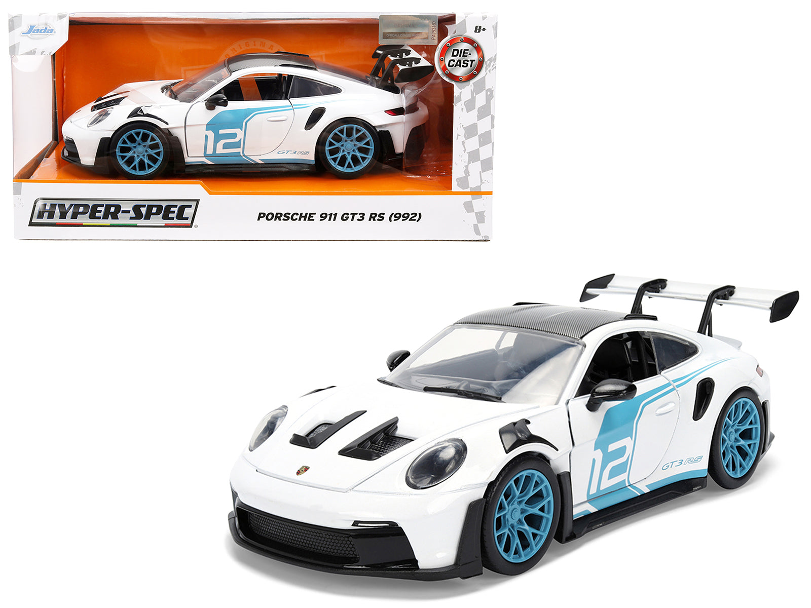 Porsche 911 GT3 RS (992) #12 White with Blue Stripes and Carbon Top "Hyper-Spec" Series 1/24 Diecast Model Car by Jada