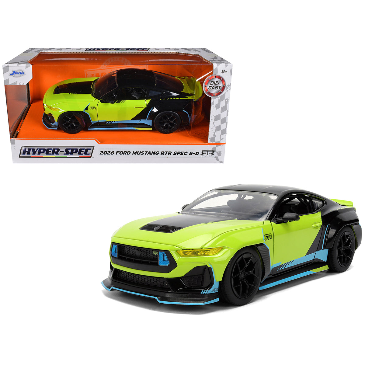 2026 Ford Mustang RTR Spec 5-D Lime Green with Black Top and Graphics "Hyper-Spec" Series 1/24 Diecast Model Car by Jada