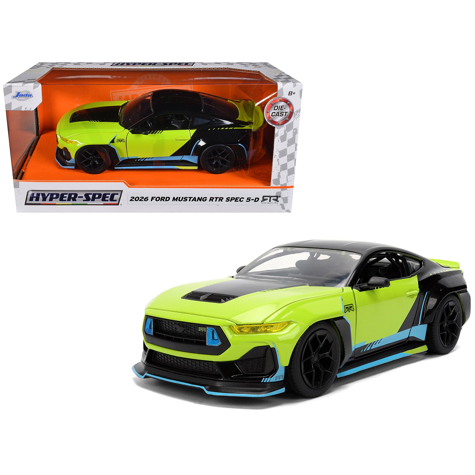 2026 Ford Mustang RTR Spec 5-D Lime Green with Black Top and Graphics "Hyper-Spec" Series 1/24 Diecast Model Car by Jada