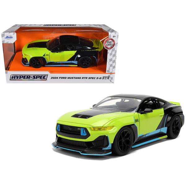 2026 Ford Mustang RTR Spec 5-D Lime Green with Black Top and Graphics "Hyper-Spec" Series 1/24 Diecast Model Car by Jada