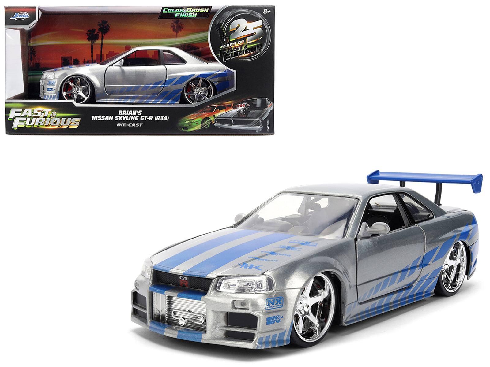 Brian's Nissan Skyline GT-R (R34) RHD (Right Hand Drive) Brush Finish "2 Fast 2 Furious" (2003) Movie 25 Years of Fast & Furious Anniversary 1/24 by Jada